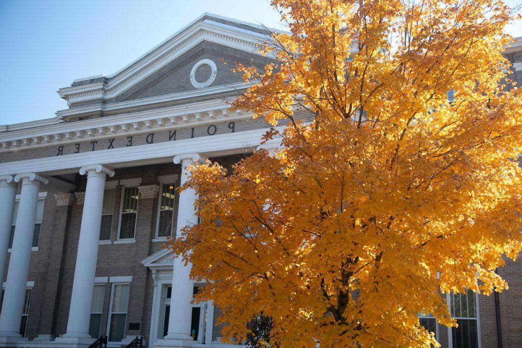 Trees turn golden in front of Poindexter Music Hall