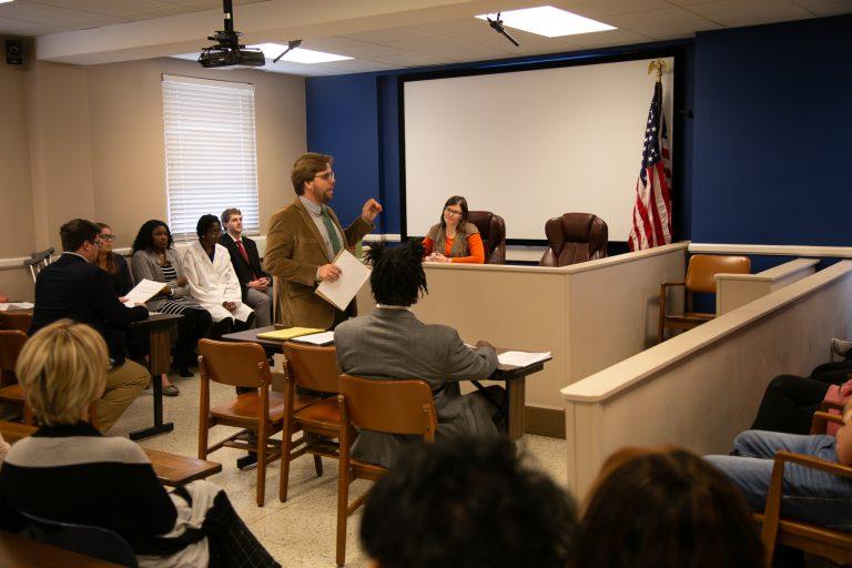 Students in mock trial court